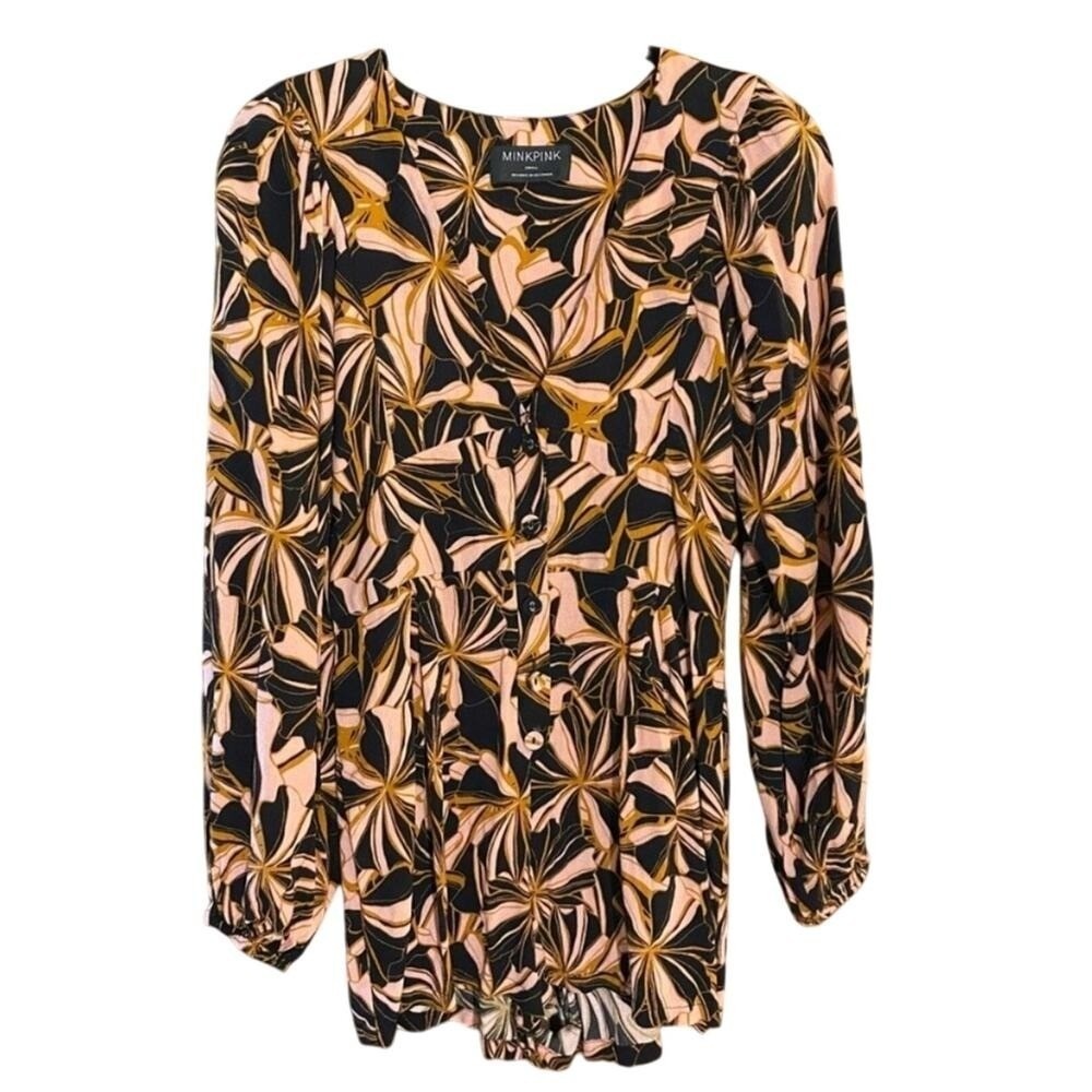 MINKPINK Women's Ziba Playsuit Romper Size Small Long Sleeve Funky Retro Print